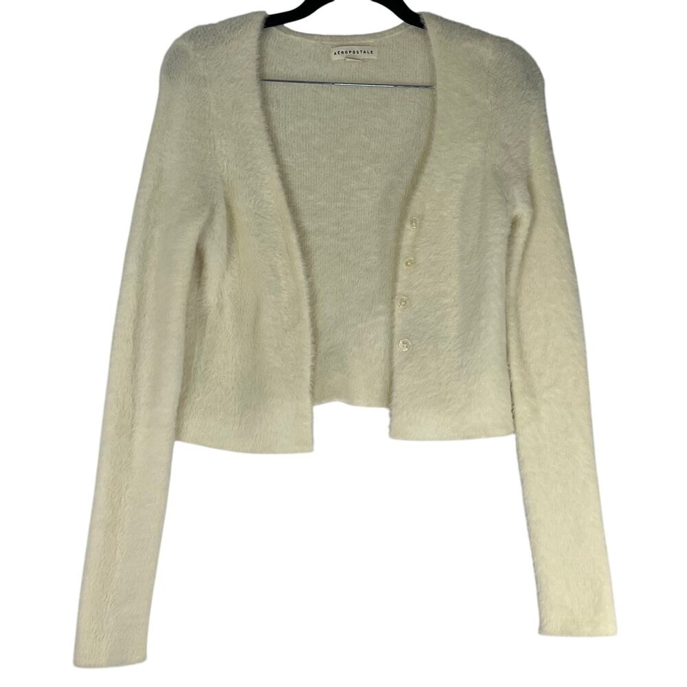 Aeropostale Fuzzy Cream Cropped Open Front Cardigan Size M